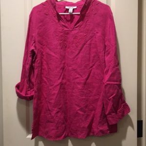 Style&Co womens 100% Linen tunic embroider top band collar long sleeve size 16